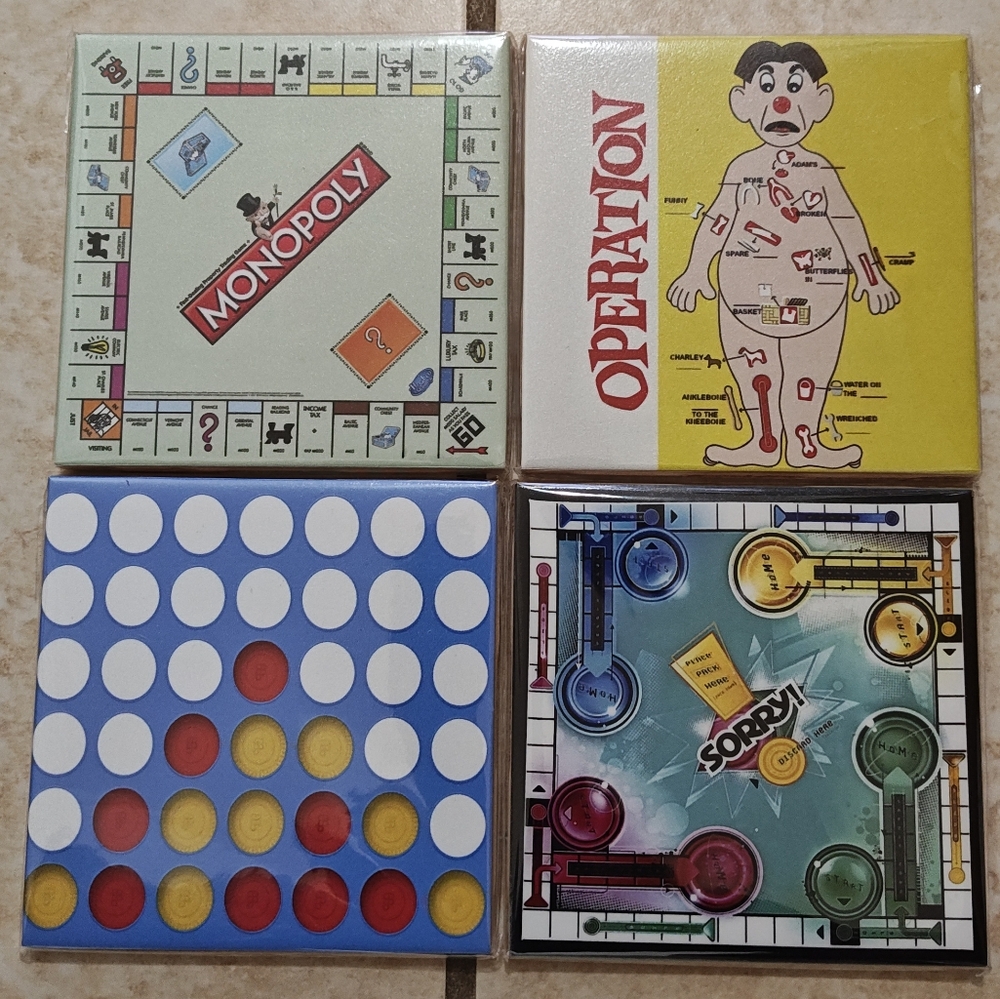 Classic 4 Pack Board Games Coasters Sorry Monopoly Operation Connect Four 4 Game